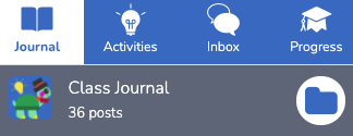 a screenshot of the seesaw class app toolbar with journal, activities, inbox, and progress