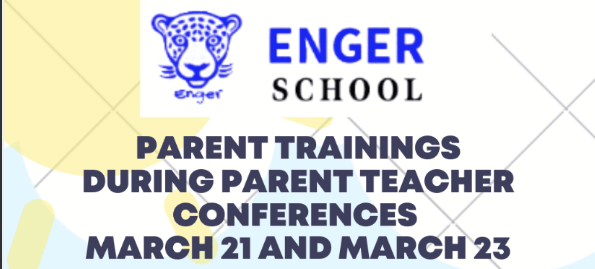 school logo with "parent trainings during parent teacher conferences march 21 and march 23" written below it